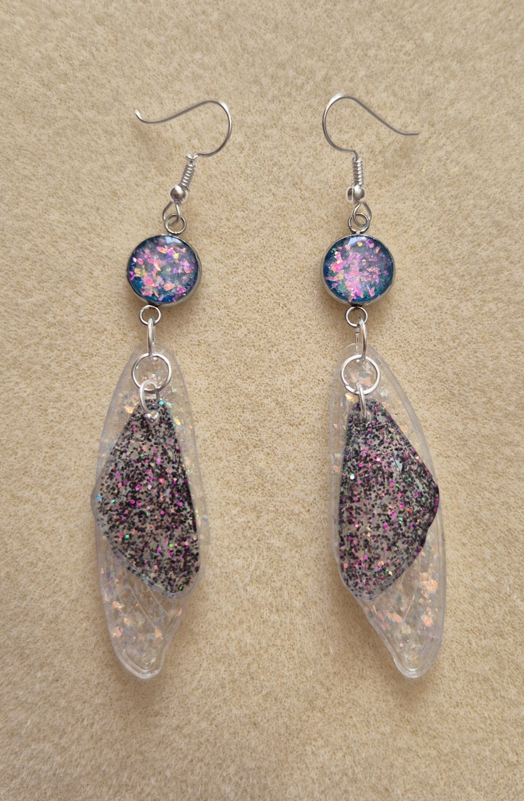 beautiful long glitter butterfly wings resin earrings 8cm with hook fastening