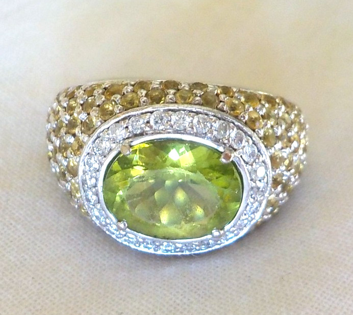 Heavy 18K White Gold Peridot Sapphire Diamond Ring – 12.6 gms, Sz 5.75, 4.90 ctw