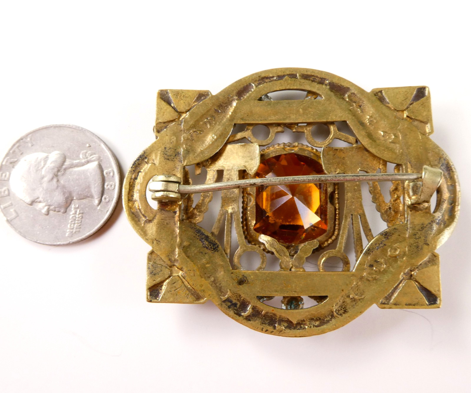 Vintage Czech Glass Filigree Brass Pin Brooch Faceted Orange Topaz Etruscan Rev