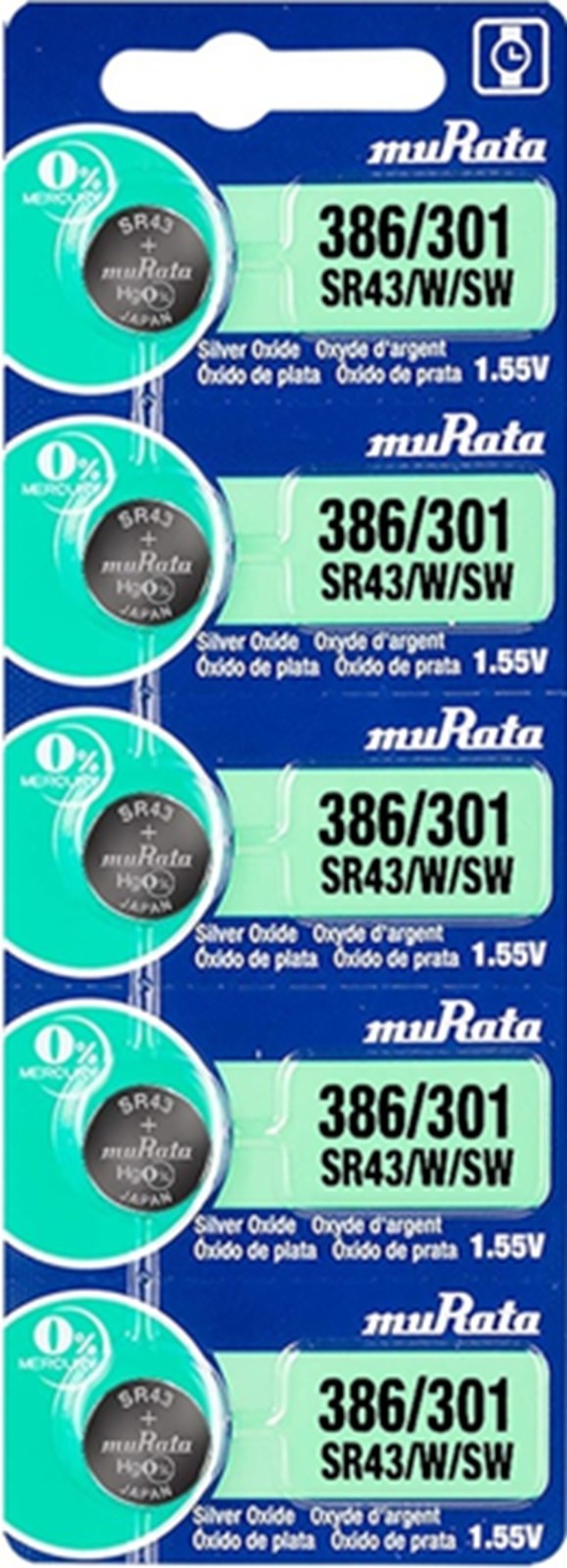 Five (5) Murata 386/301 / SR43W Silver Oxide Watch Battery EXP 12/27