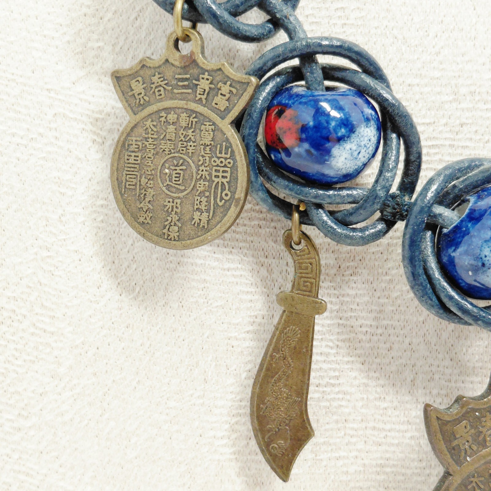 Chunky Ceramic Bead Leather Wrap Necklace Chinese Taoist Bronze Charm Amulet 25″