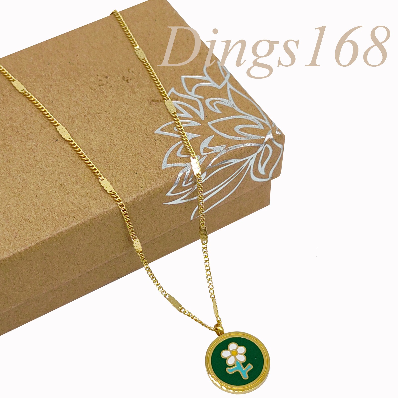 18K Yellow Gold Filled Italian 15mm/0.6inch Green Flower Round 16″+2.4″ Necklace