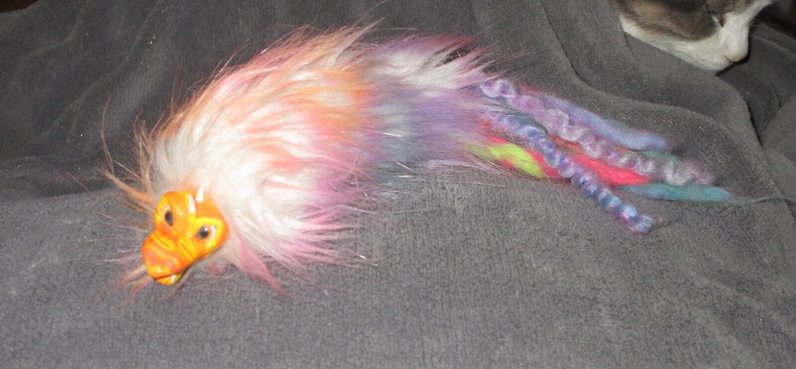 Neon Faux Fur Feathered Serpent Quetzalcoatl Brooch Pin 11″ Sculpted Dragon Face