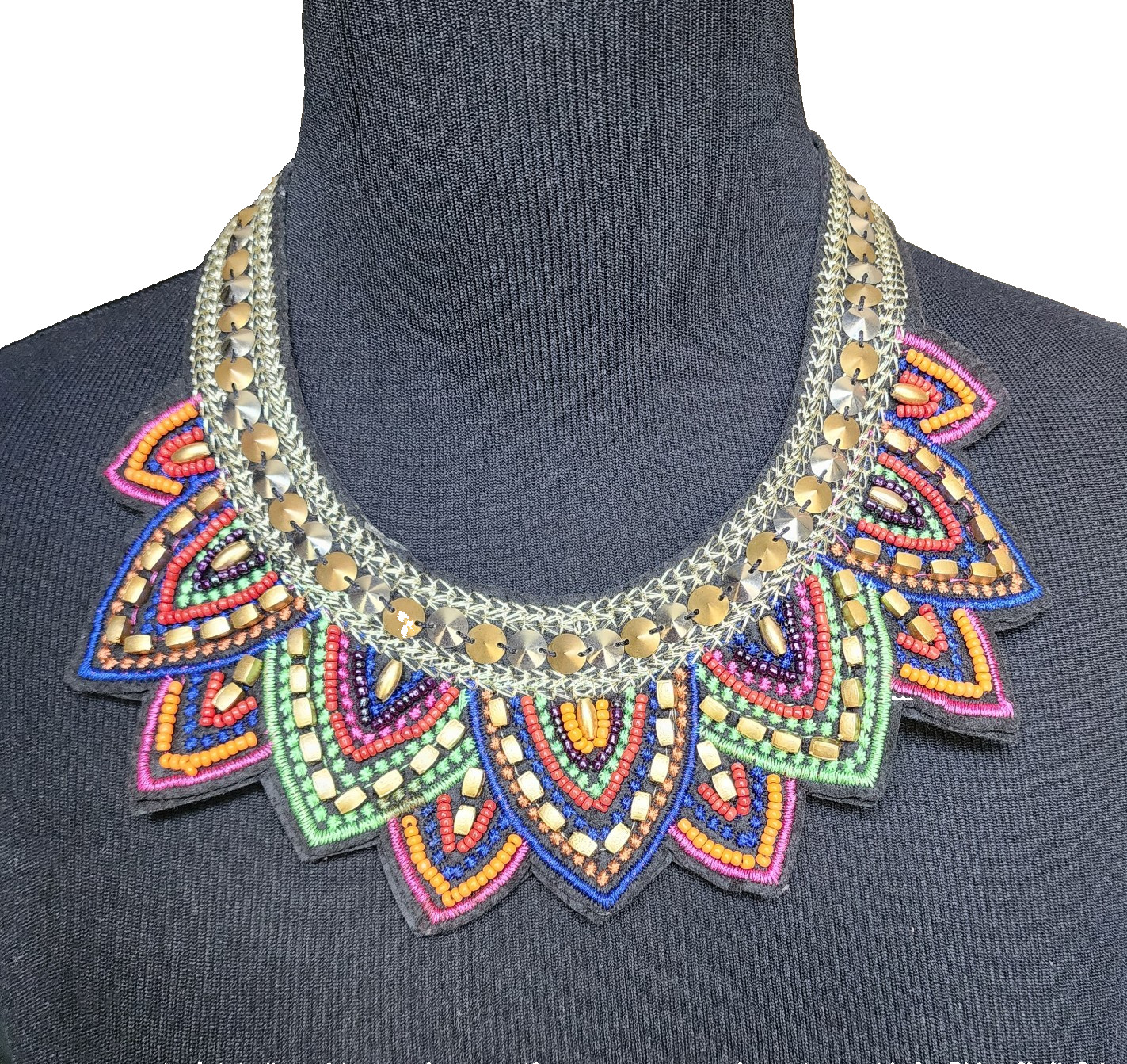 Big Beaded Tribal Collar Necklace Black Multi Brass/Silver Statement Choker Bib
