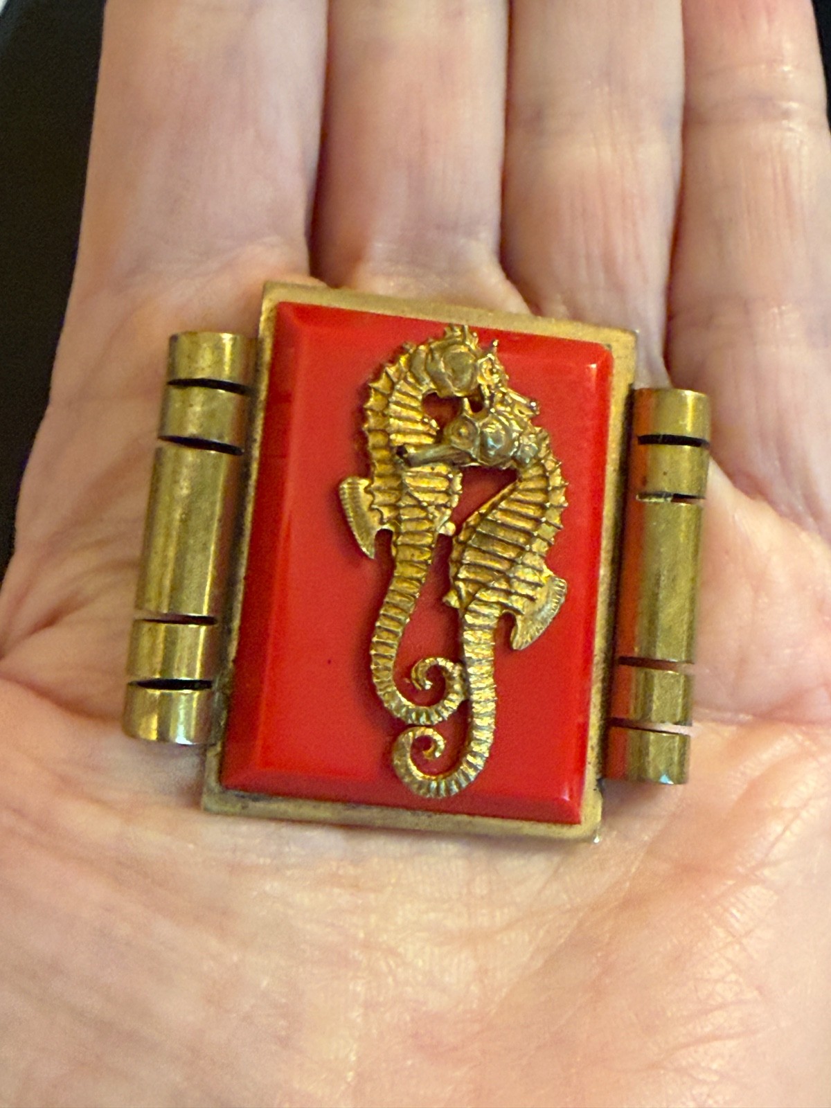 Vintage France Jean Painleve Seahorse Brooch French Bakelite 1930s Art Deco Red