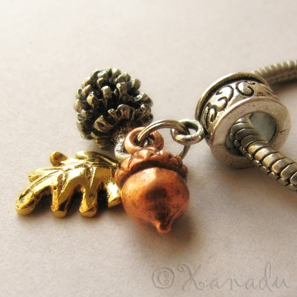 Autumn Treasures Silver Pine Cone Copper Acorn And Gold Leaf European Charm Bead