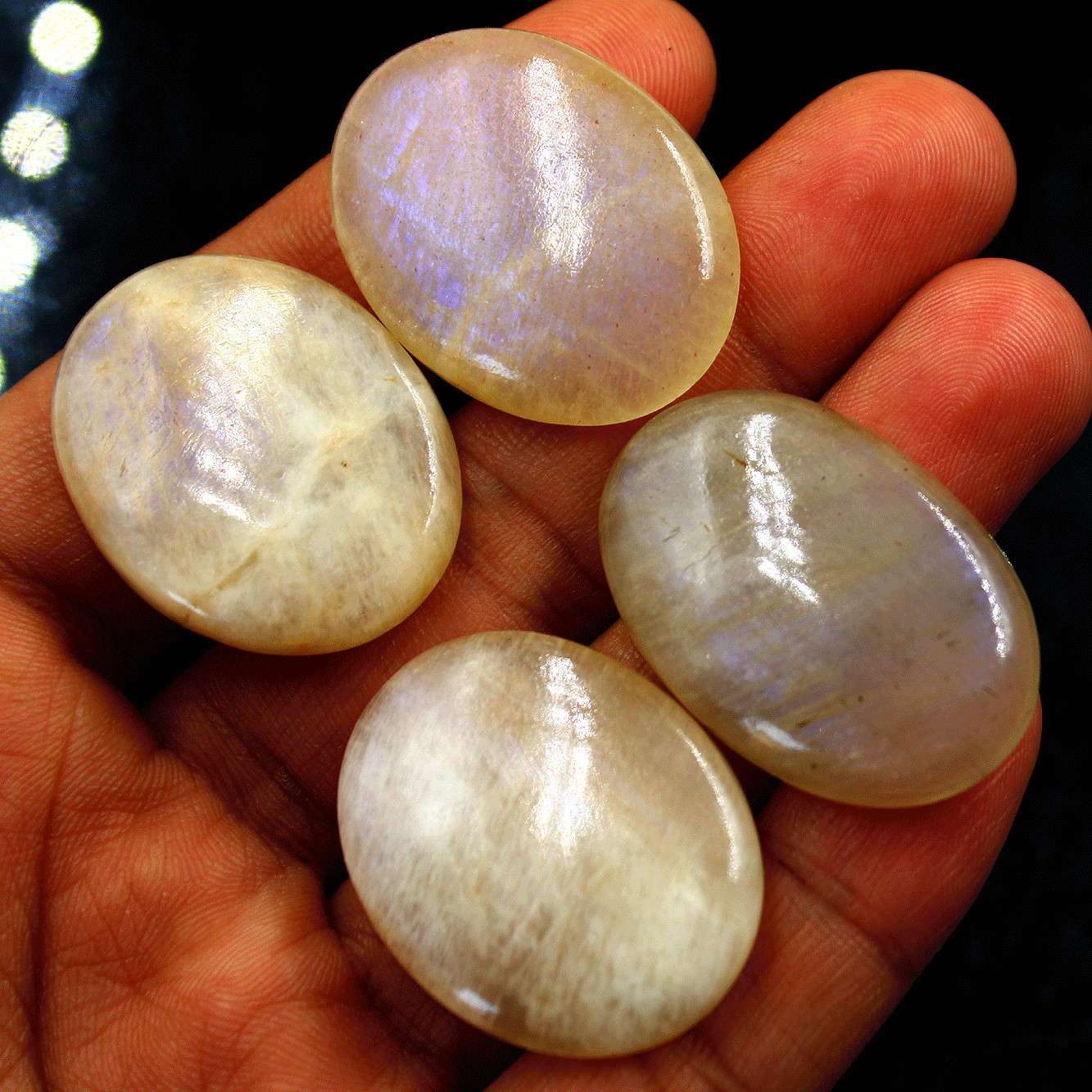 4 Pcs Natural Blue Shine Rainbow Moonstone 33mm-35mm Oval Cabochon Gemstones Lot
