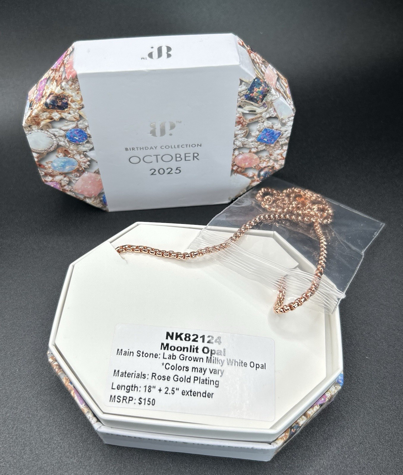 Bomb Party October Necklace NK82124 Moonlit Opal Lab Grown White Opal Rose Gold