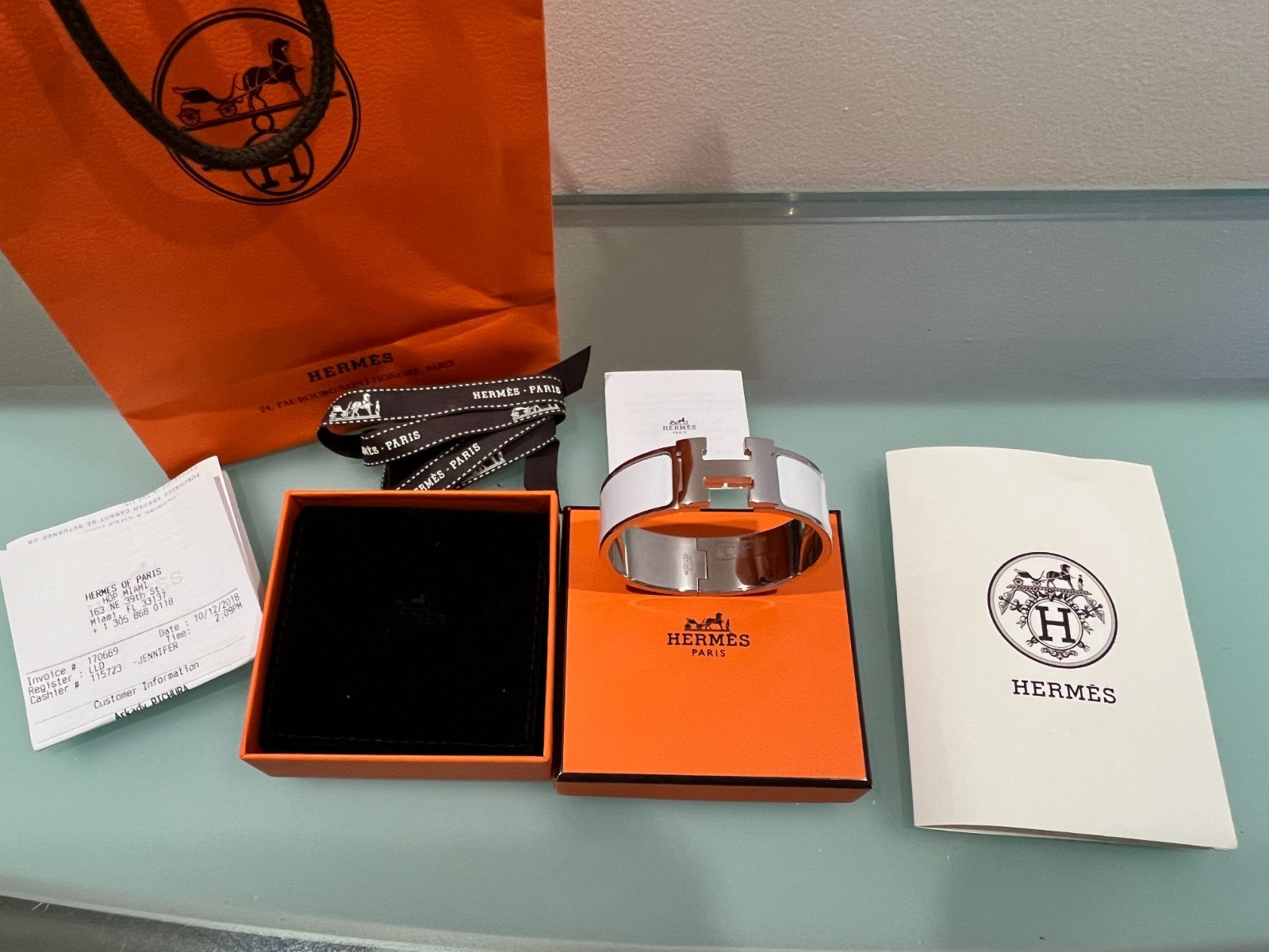 New Authentic HERMES Silver White Enamel Clic Clac H Wide Bracelet Size M/L GM