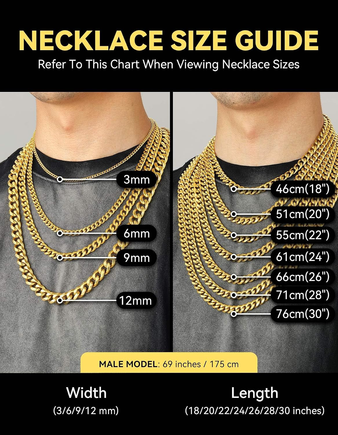 Miami Cuban Chain Necklace for Men Women, 3Mm/6Mm/9Mm/12Mm Width, 316L Stainless