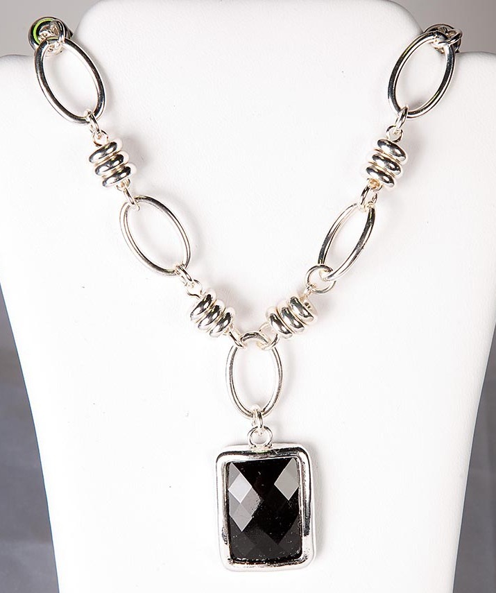 New Avon Black Onyx Silver Faceted Necklace & Earring Set 17″ 18″ 19″ 20″