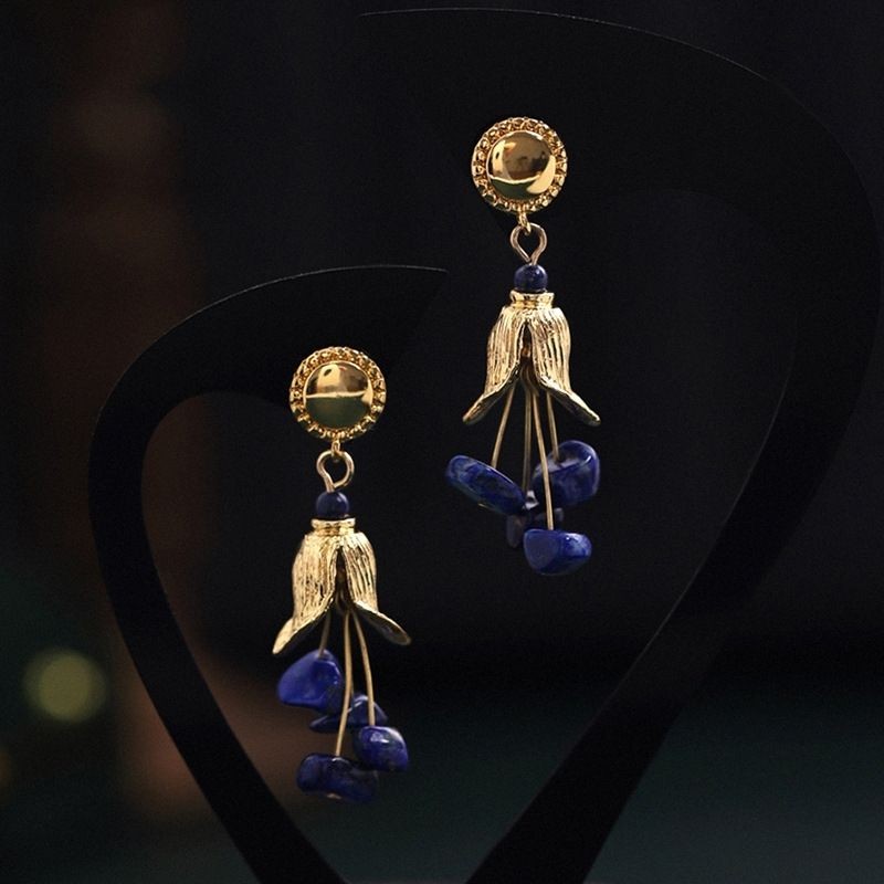 Lapis Lazuli Drop Earrings Gold Plated French Retro Blue Stone Dangle