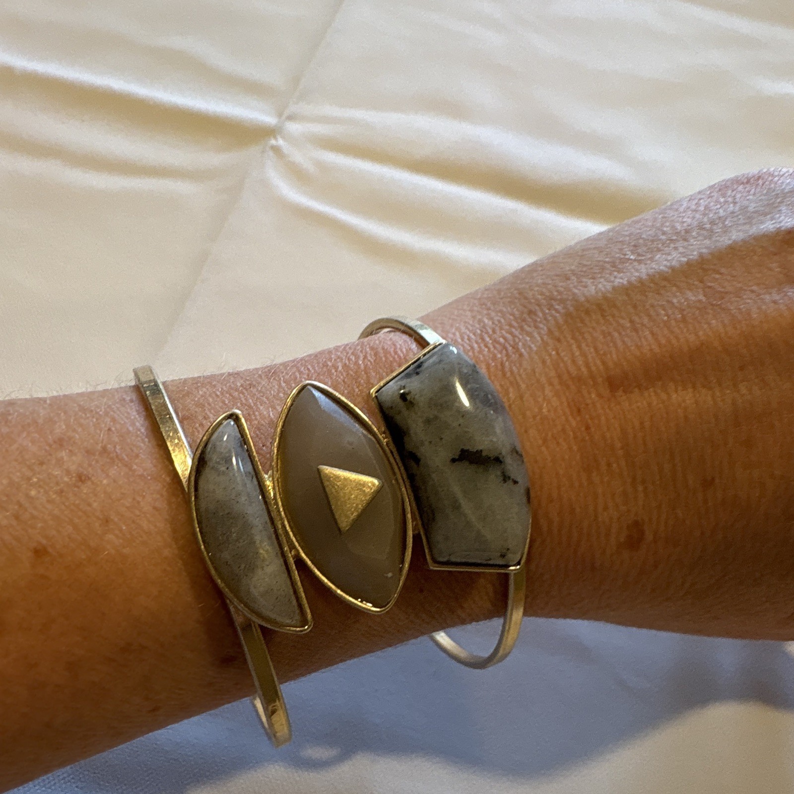 Gold Tone Open-Ended Cuff Bracelet Gray Stone Geometric Inlay Bezel Set