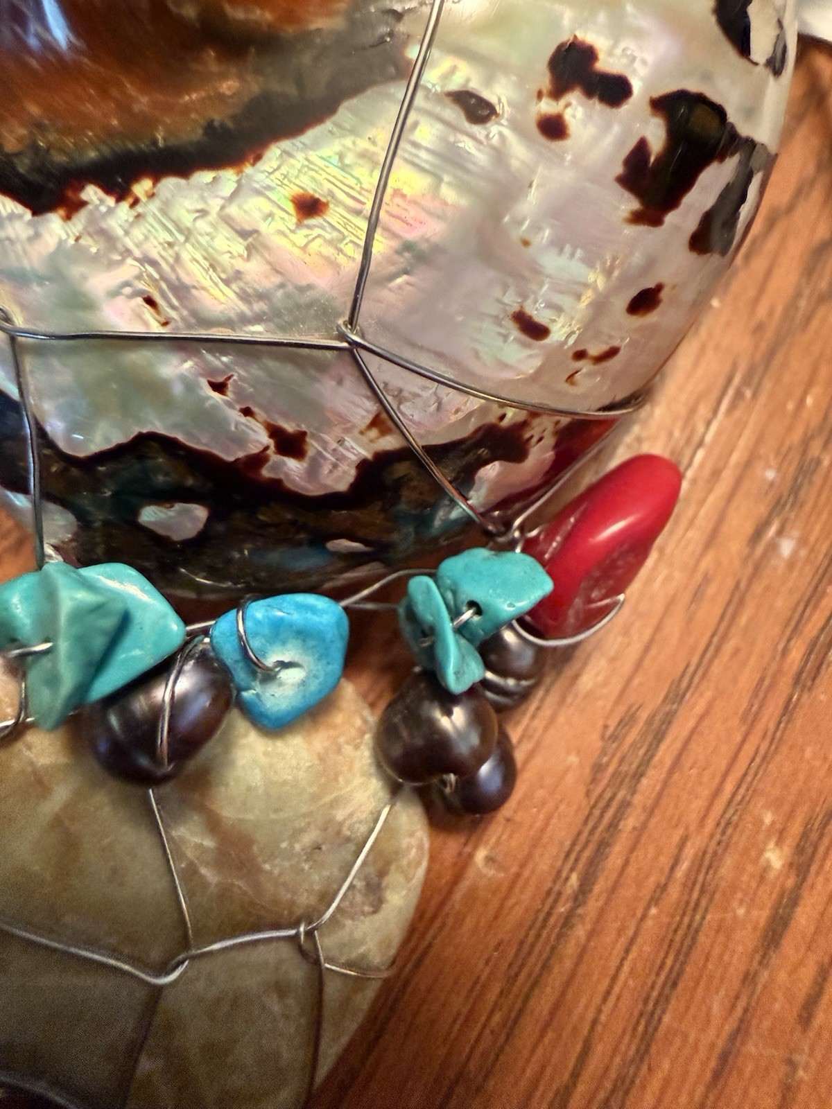 Nautilus Abalone Shell Turquoise & Beads Wire Wrapped Artisan Choker Necklace
