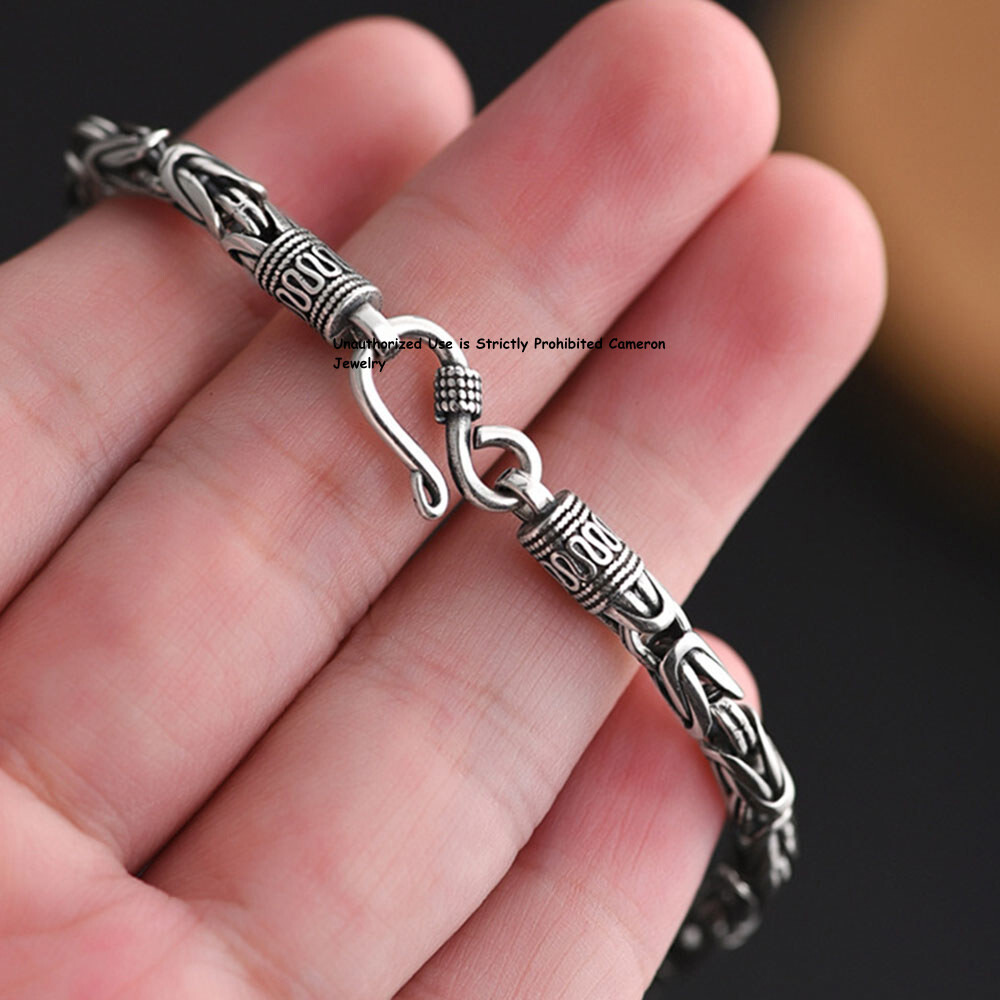 Pure S925 Sterling Silver Chain Men Women 4mm Byzantine Link Bracelet 6.7-8.7inL