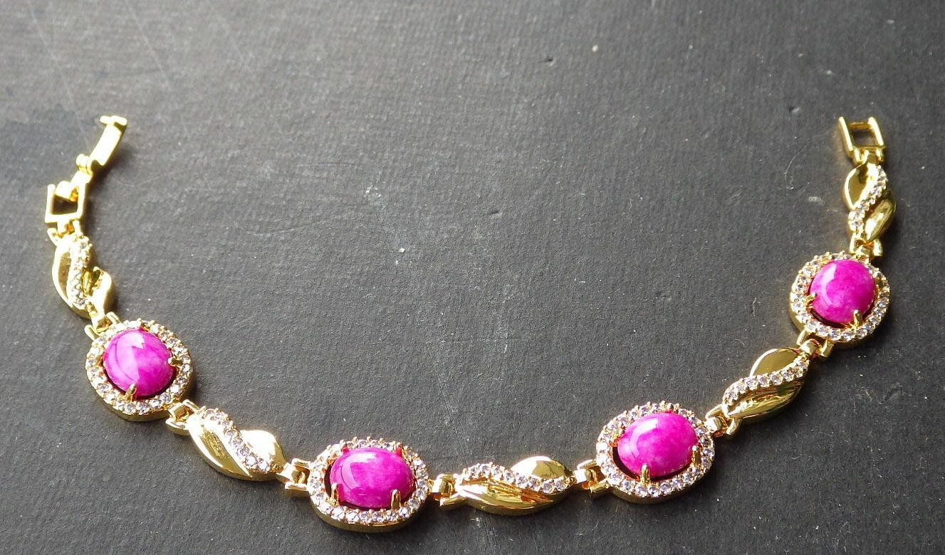 Gold Plate Lavender JADE Cabochon Beads Bangle Bracelet Diamond Imitation 101056
