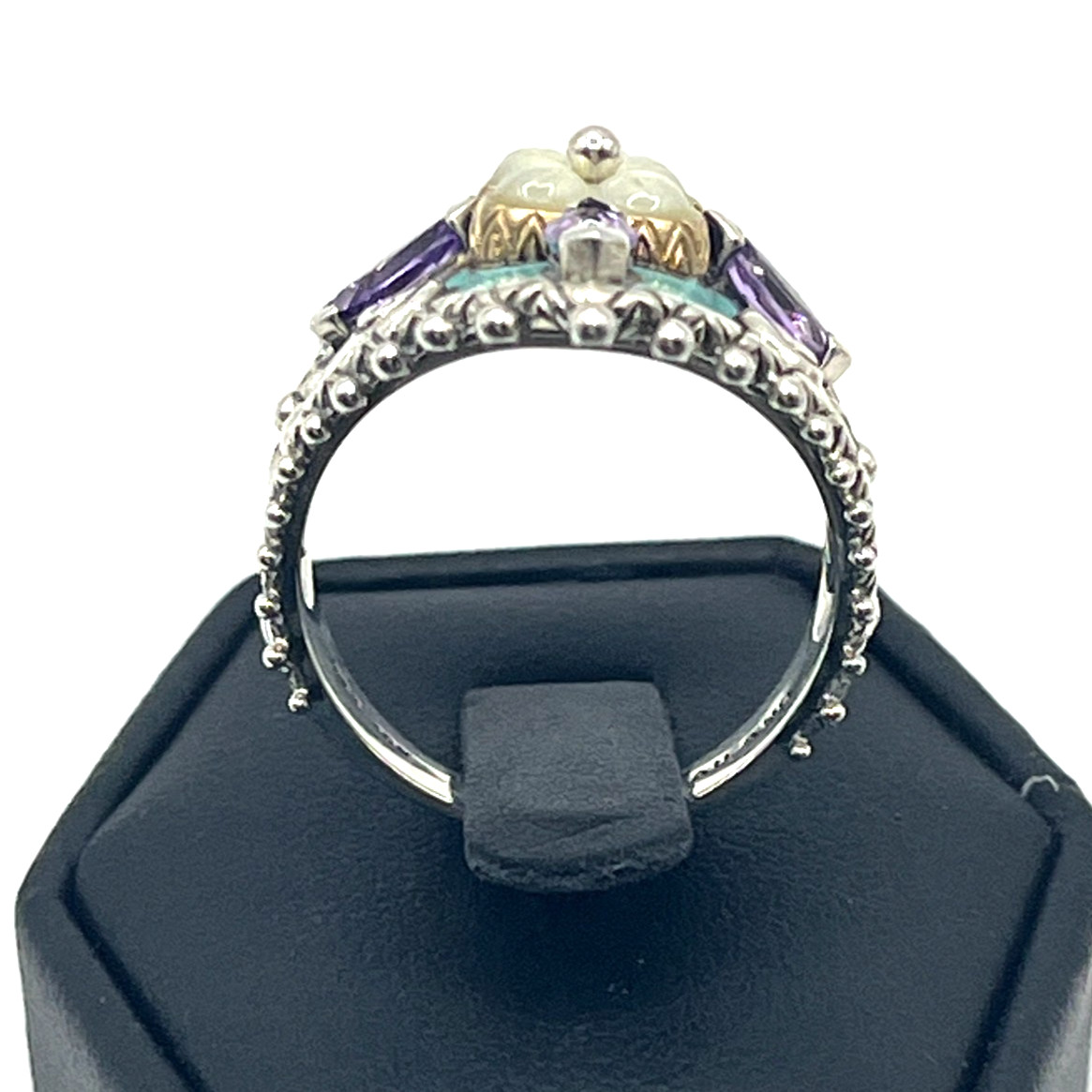 Barbara Bixby Ring Sz 8 Turquoise Amethyst MOP Lotus Sterling 925 and 18k Accent