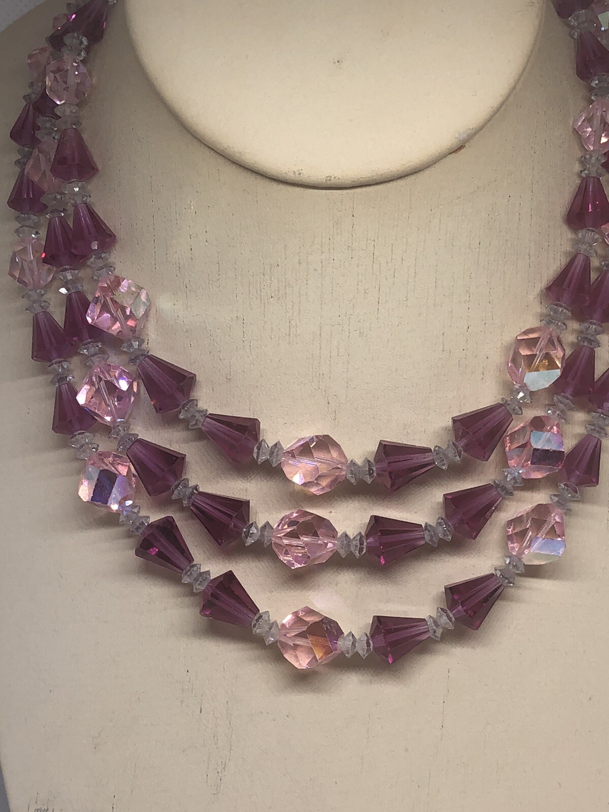 VNTG VENDOME PINK CLEAR WITH AB AURORA BOREAALIS THREE STRAND 16″ NECKLACE