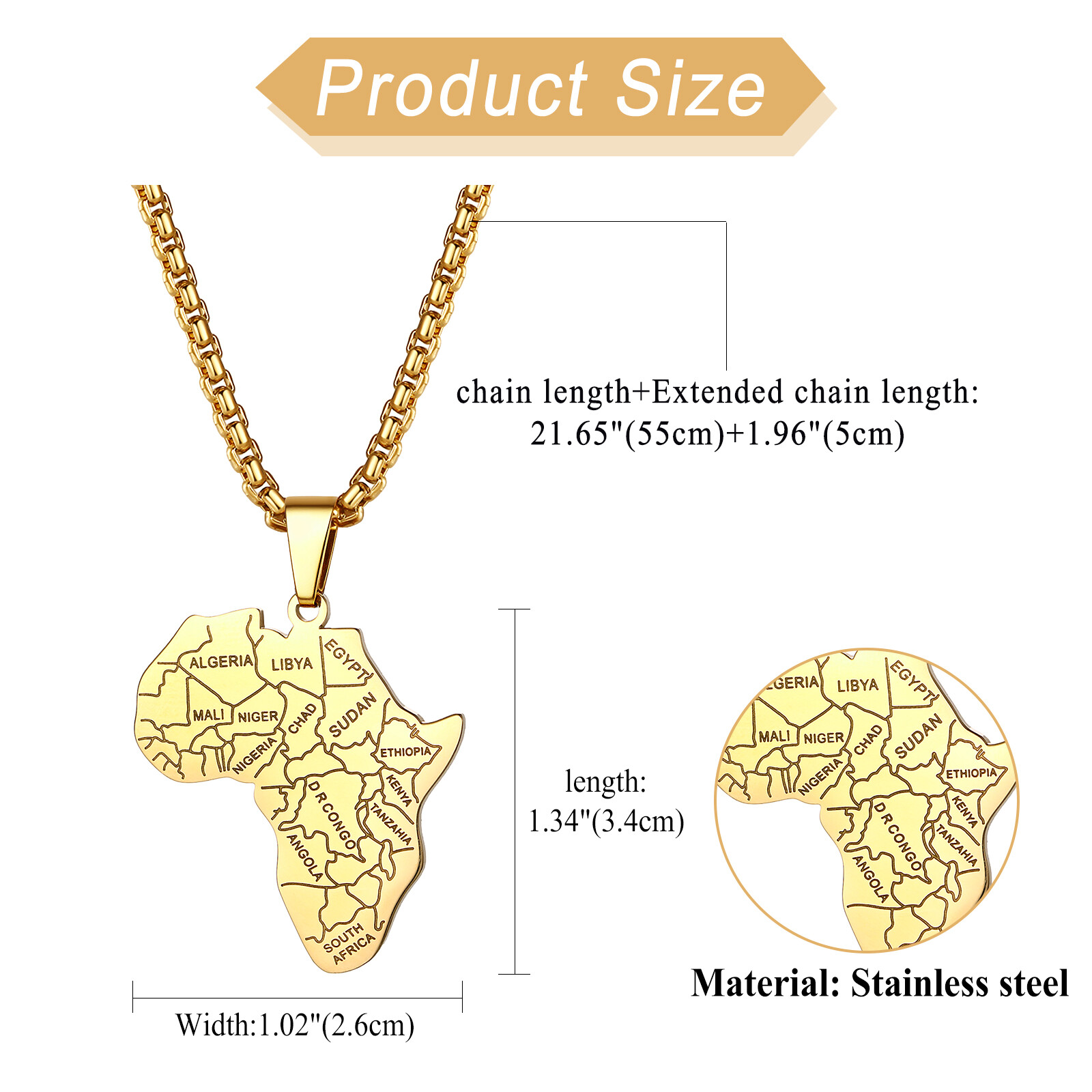 Africa Continent Map Pendant Necklace for Men Women Stainless Steel Box Chain