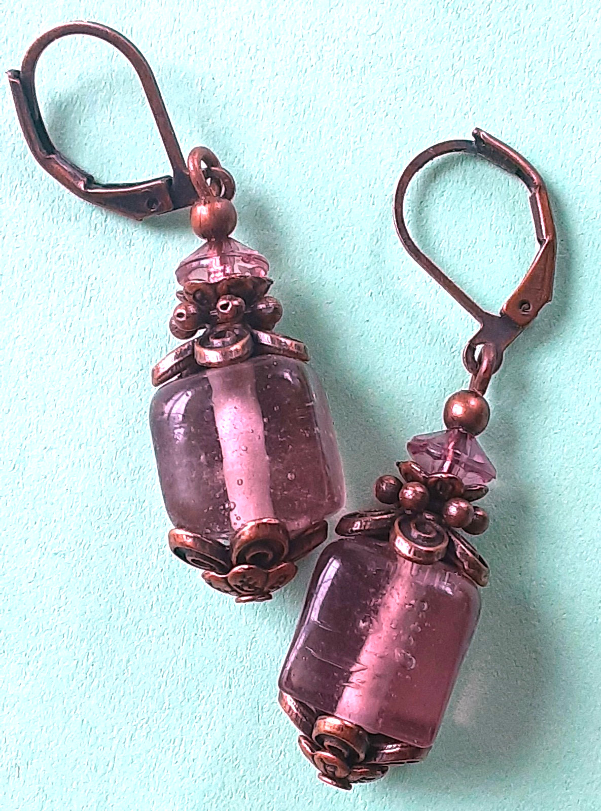 PLUM LAMPWORK earring COPPER LEVERBACK handcrafted #N25