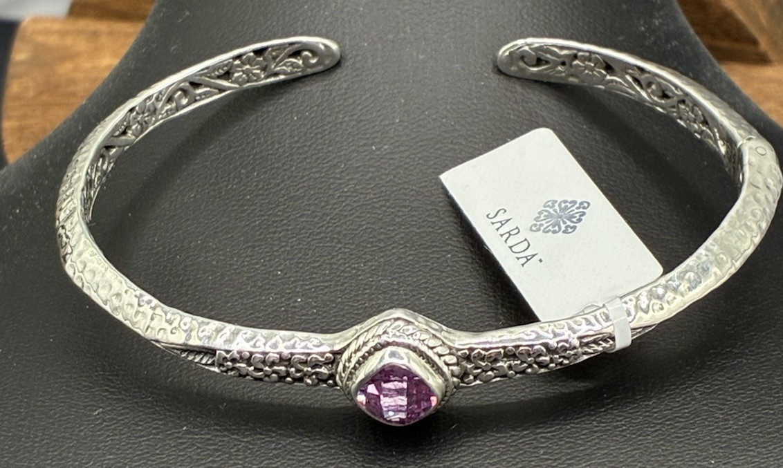 Sarda Light Pink Lab Created Sapphire Sterling Silver Cuff Bracelet Size 7.25