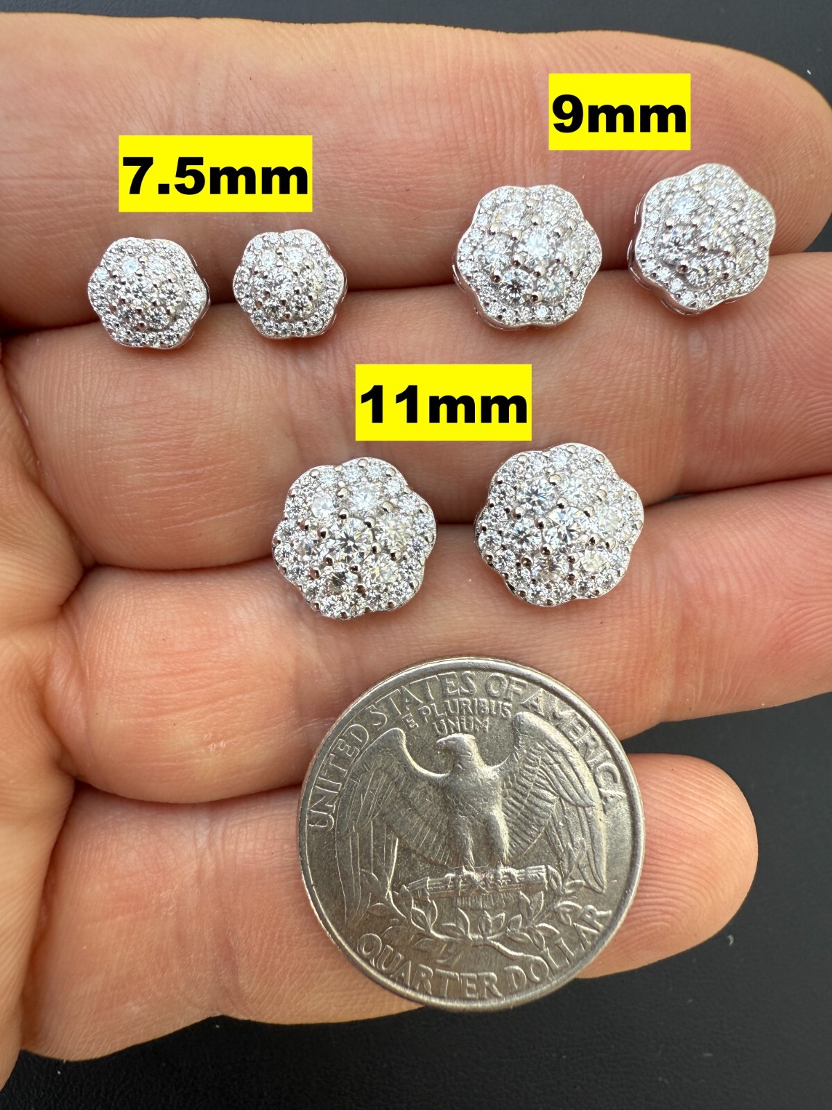 Cluster Hip Hop Earrings Real 925 Sterling Silver 7.5mm-12mm Iced CZ Stone ITALY