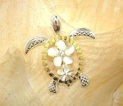 21.5MM 2-TONE YELLOW GOLD PLATED 925 SILVER HAWAIIAN TURTLE PLUMERIA CZ PENDANT