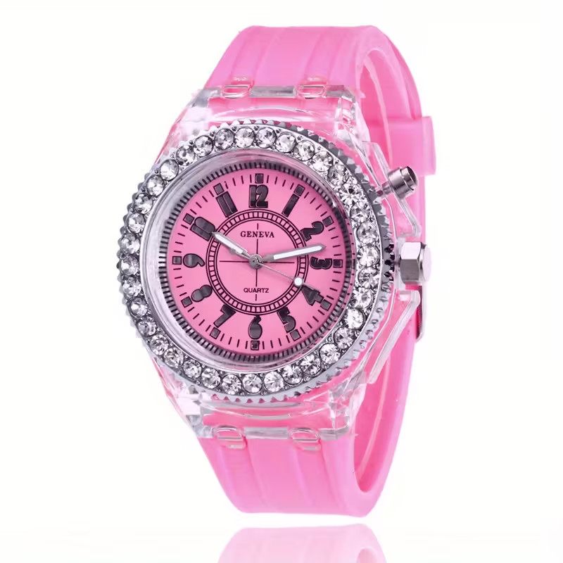 Luminous Personality Rhinestone LED Fashion Trend Jelly Quartz Watch Pink Women