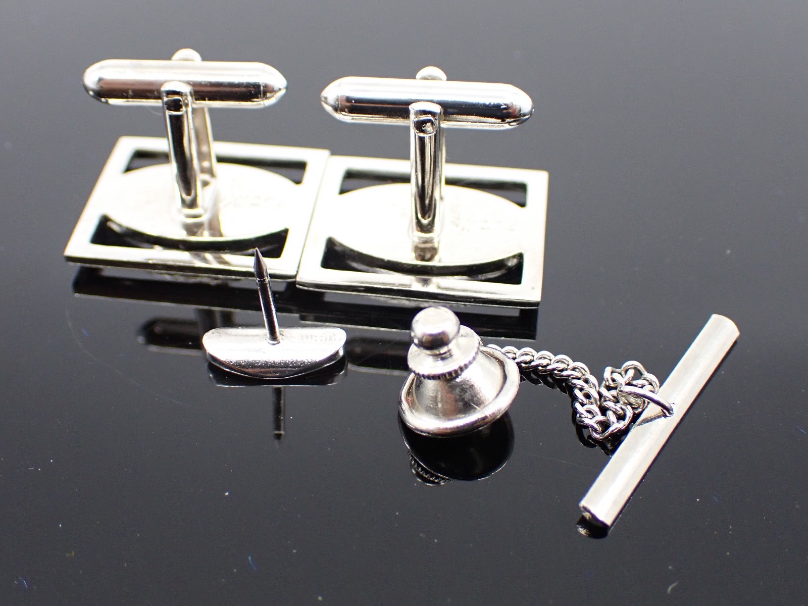 Vintage Swank Silver Tone Cufflinks Tie Tack Set Etched Oval Mid Century Modern