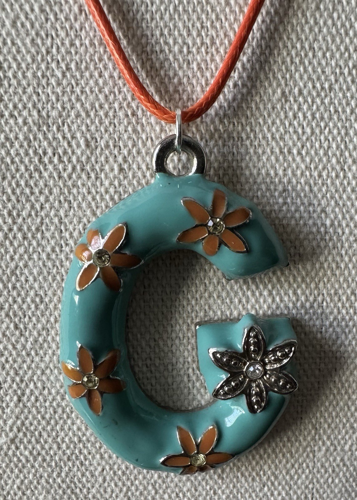 Vintage Floral Orange & Turquoise Enamel Letter G Pendant Leather Cord Necklace