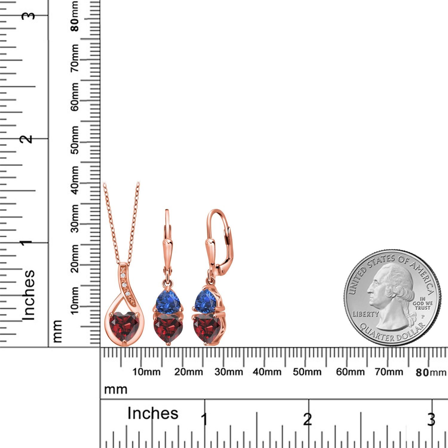 18K Rose Gold Plated Silver Garnet and Created Sapphire Pendant Earrings Set