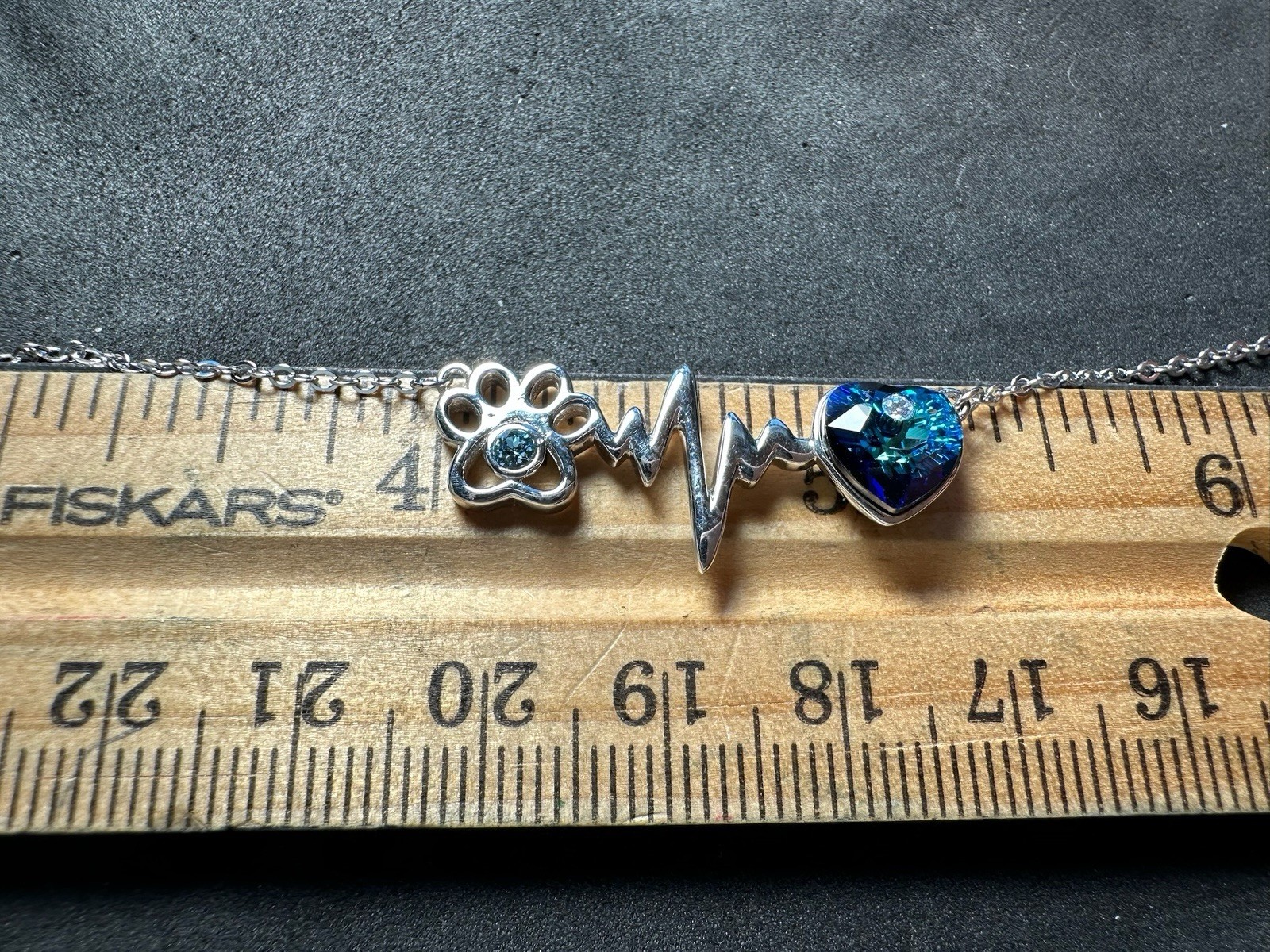 4.29g Vintage 925 Sterling Silver Paw Print Heartbeat Blue Heart Adjus M 20.5 in