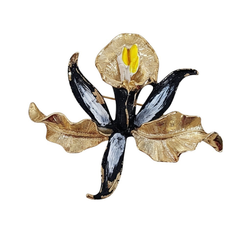 Gerry’s Vintage Flower Gold Tone Black & Yellow Enamel Signed Brooch