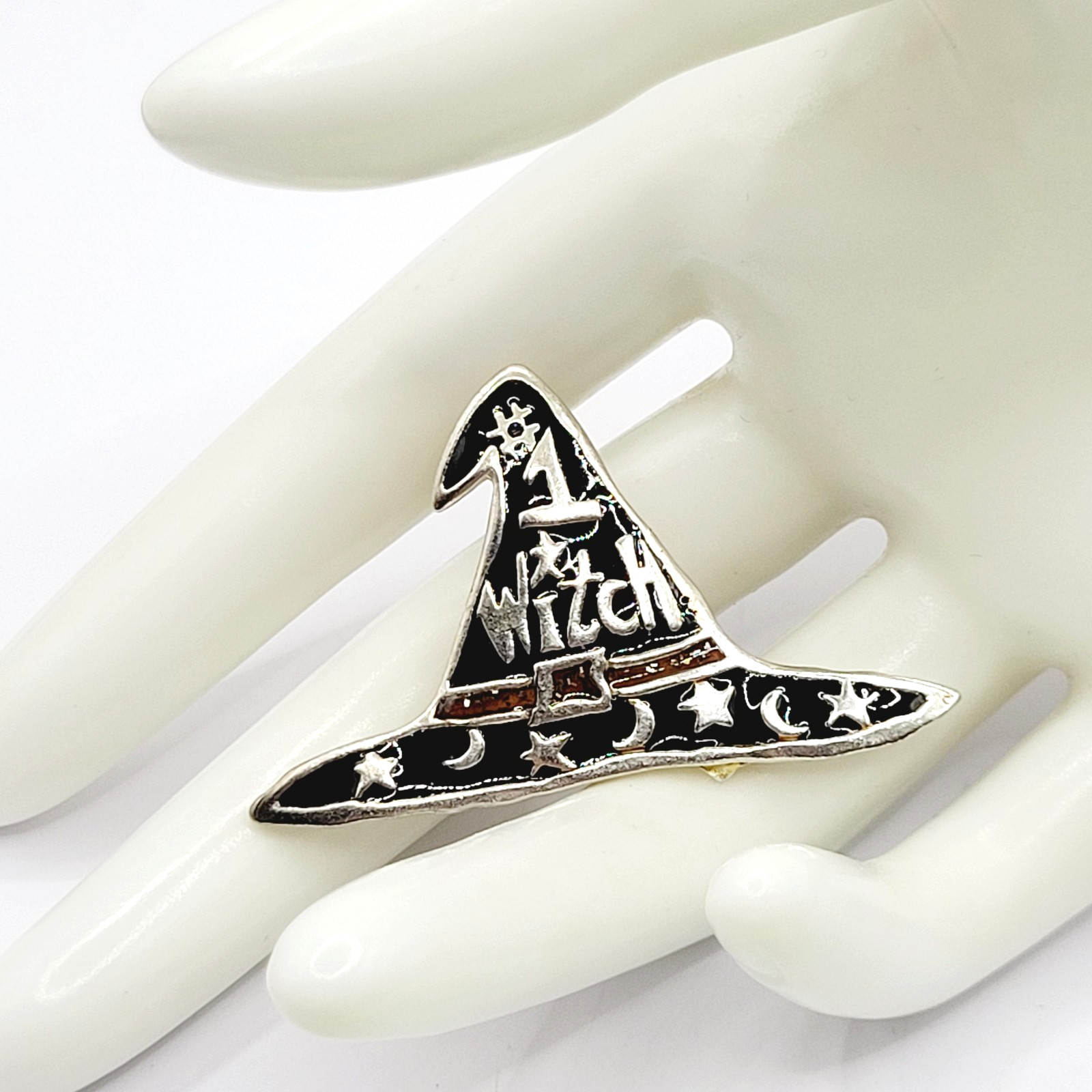 Number 1 Witch Black Witches Hat Metal and Enamel Halloween Vintage Brooch Pin