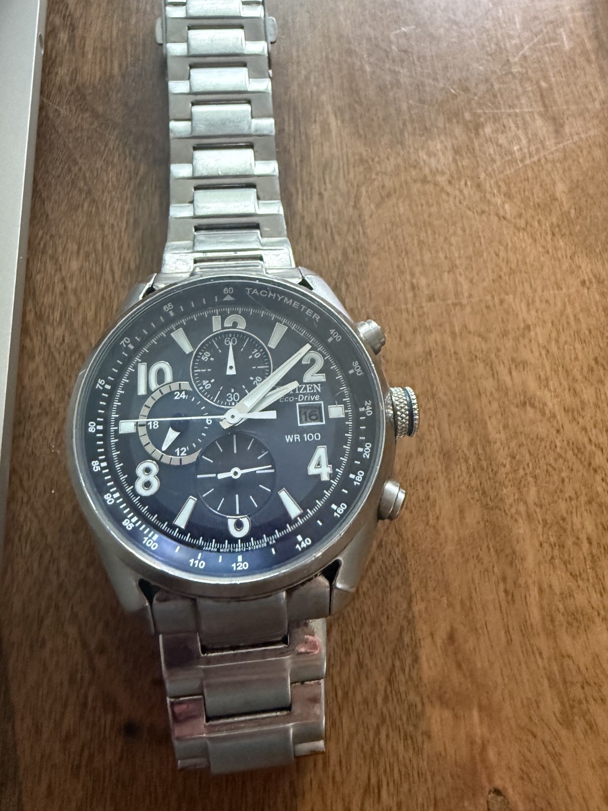 Citizen Eco-Drive Chronograph Men’s Blue Dial Stainless Steel Watch WR100