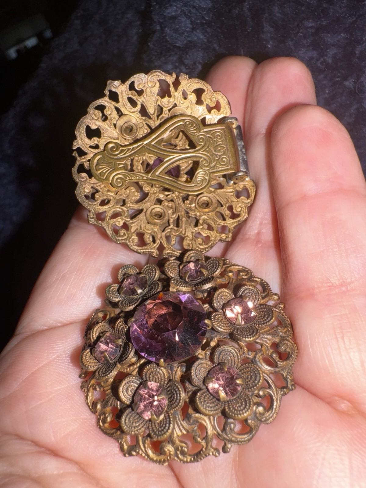Vintage Purple and Gold Tone Clip-On Czechoslovakian Earrings 1.75 Victorian Rev