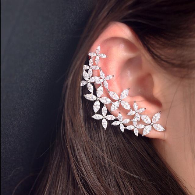 Sterling Silver Post CZ Asymmetrical Flower Earrings Ear Cuff Crawler Climber