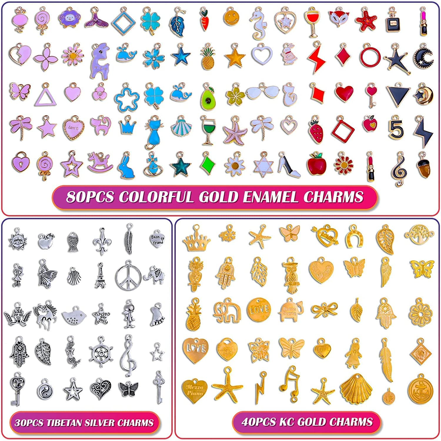 150PCS Bracelet Charms, Silver Bracelet Gold Plated Enamel Charms Pendants for N