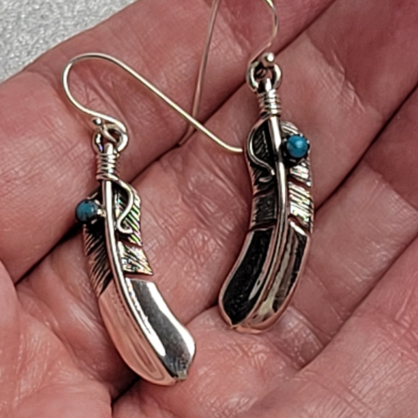 925 Sterling Silver with Turquoise Feather-Shaped Earrings. Artisan-Made