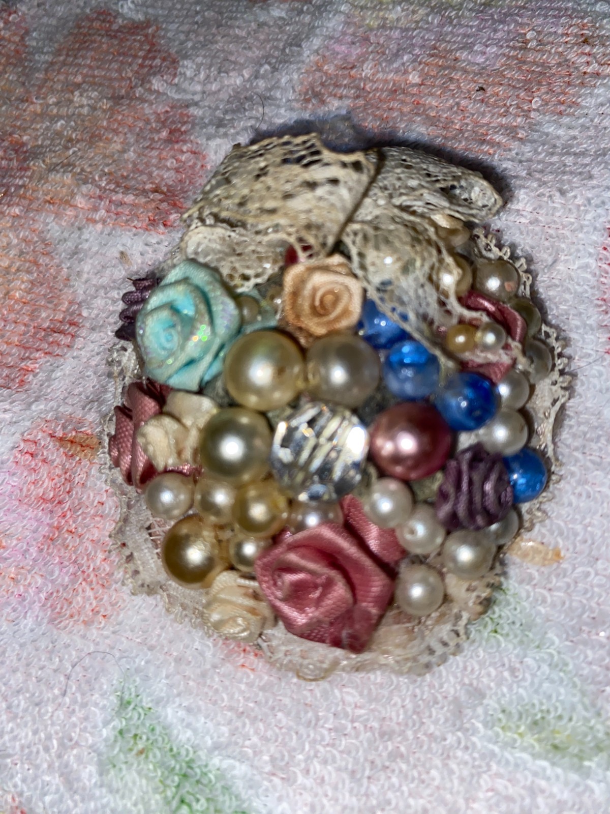 Handmade Vintage bead fabric rose Cluster Lace pearl Brooch OLD