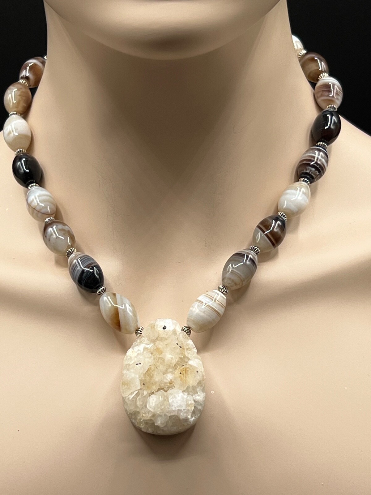 NATURAL DRUSY QUARTZ PENDANT WITH BOSTWANA AGATE BEAD NECKLACE EARRING SET