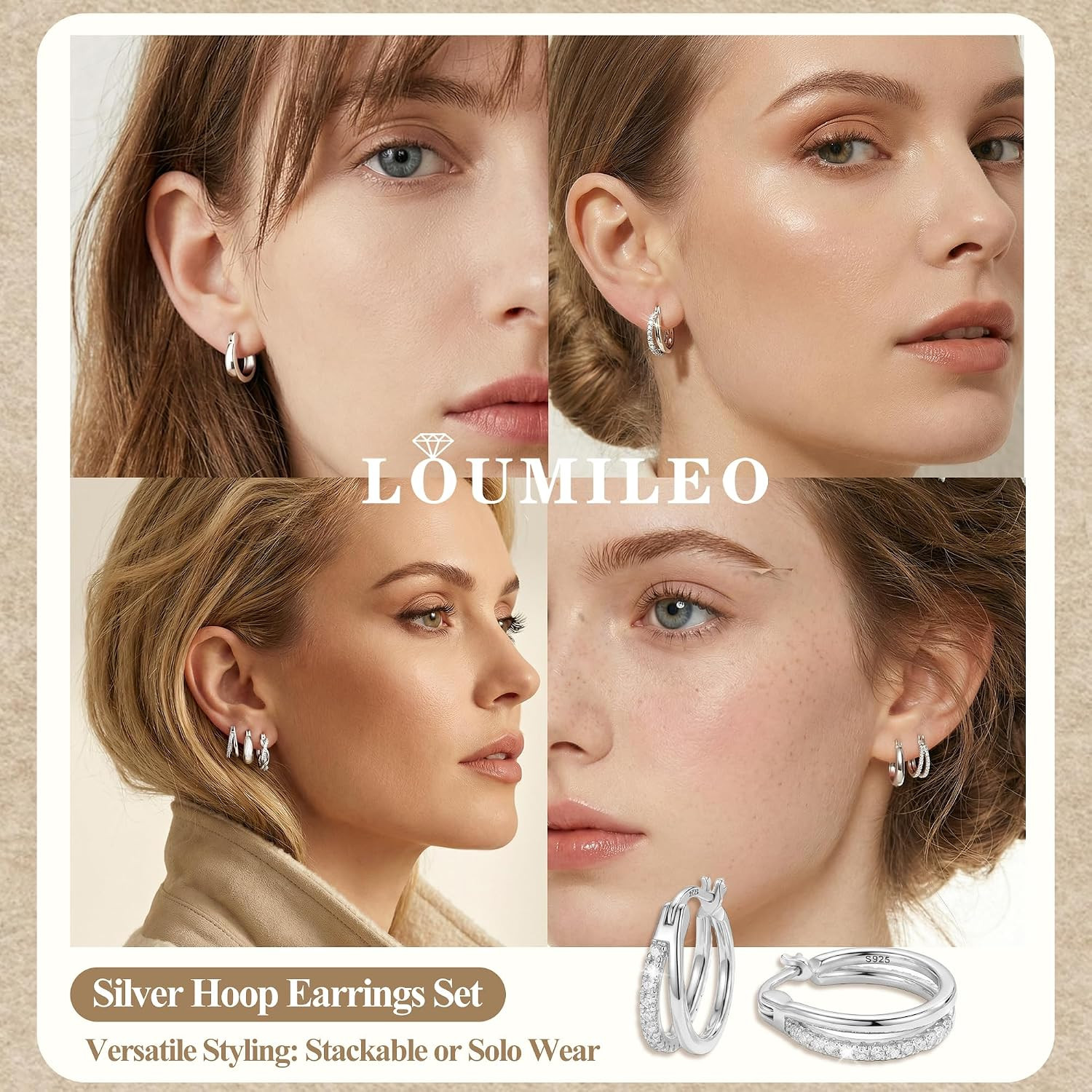 3 Pairs 925 Sterling Silver Post Hoop Earrings for Women Hypoallergenic Small Sl