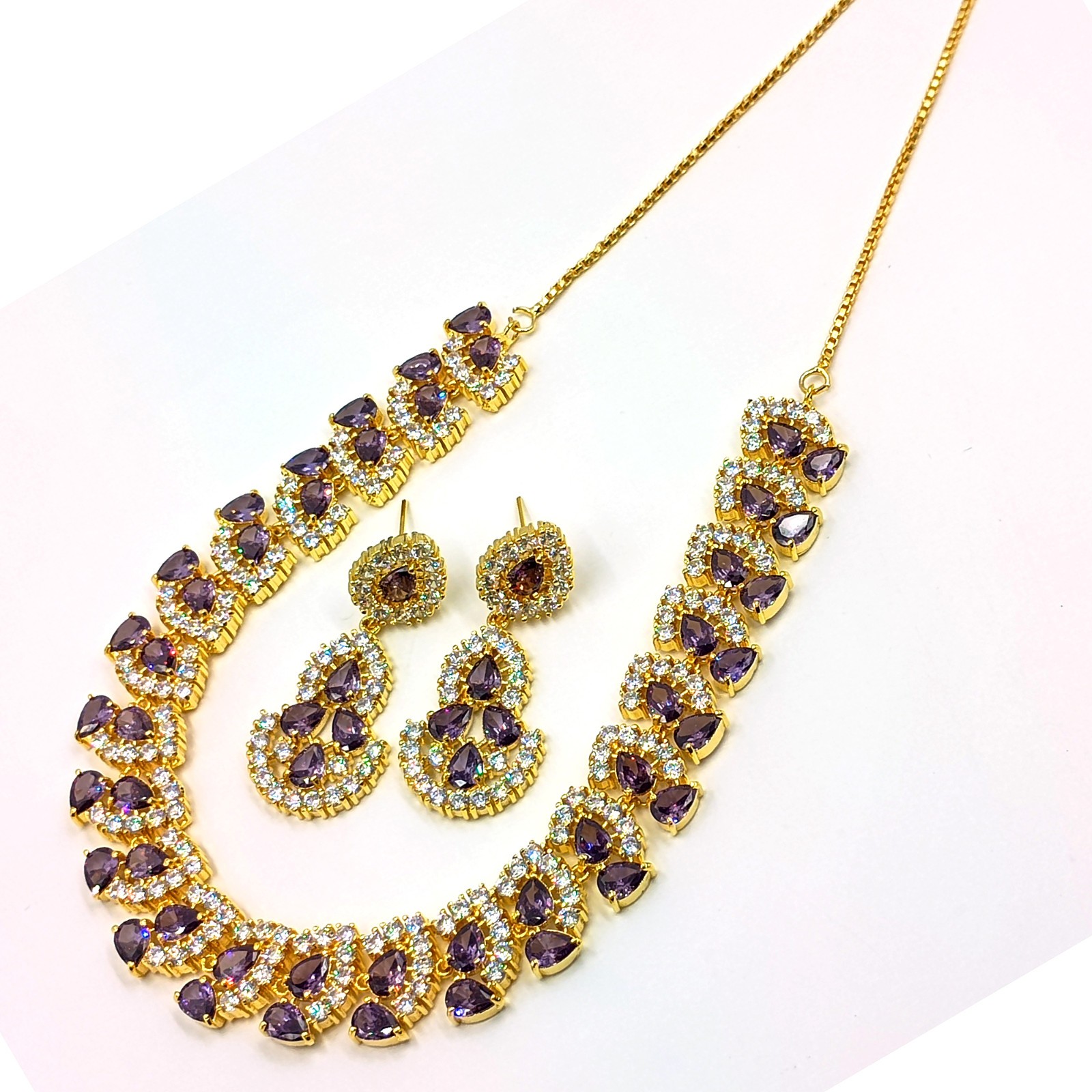 Amethyst Stone Necklace Set 22k Gold Plated Statement Ethnic Party Wear Jewelry