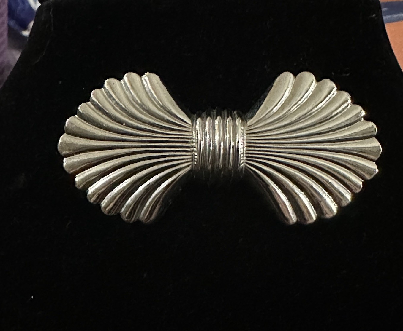 Art Deco Silver Tone Bow Brooch Safety Clasp 2.25″