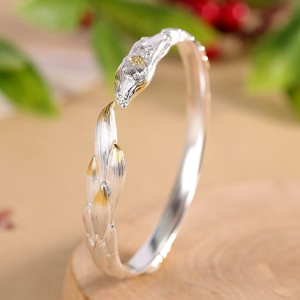 Pure S999 Fine Silver Bracelet Lucky Cherry Blossom Open Bangle 29-30g ID:58mm