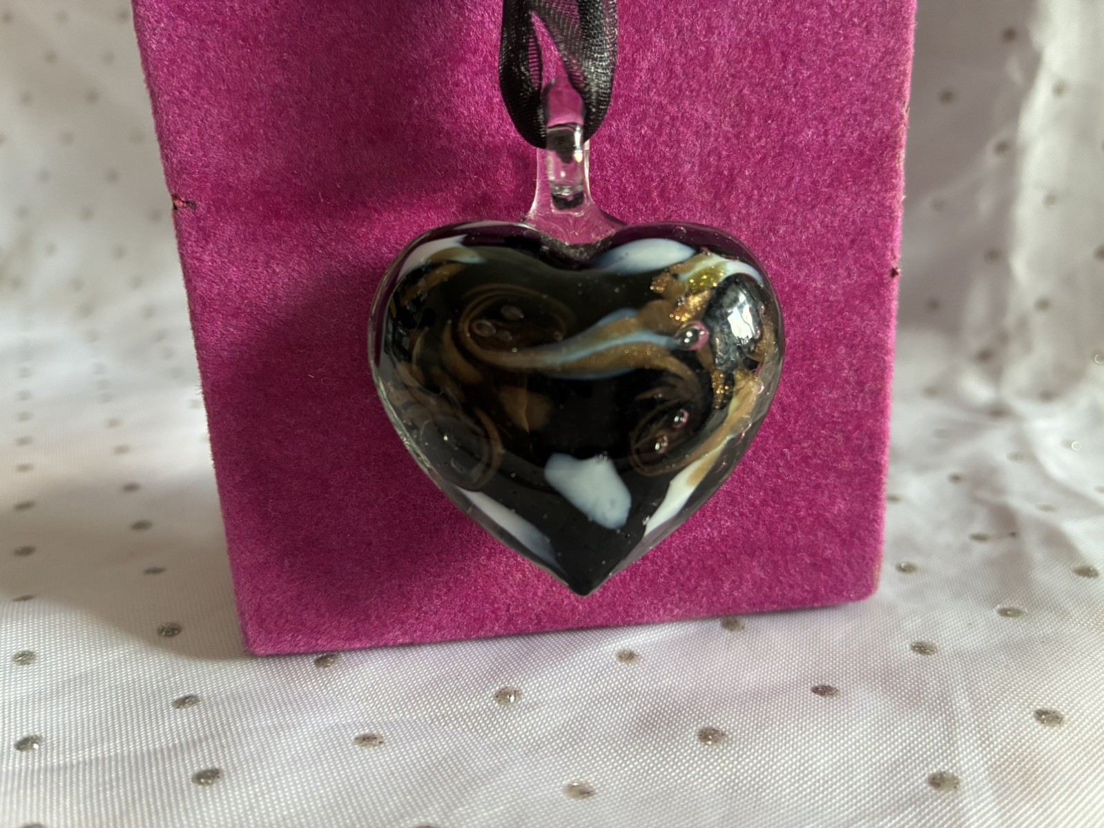 Murano Glass Style Heart Black White Gold Black Cord Ribbon Necklace 40cm Length