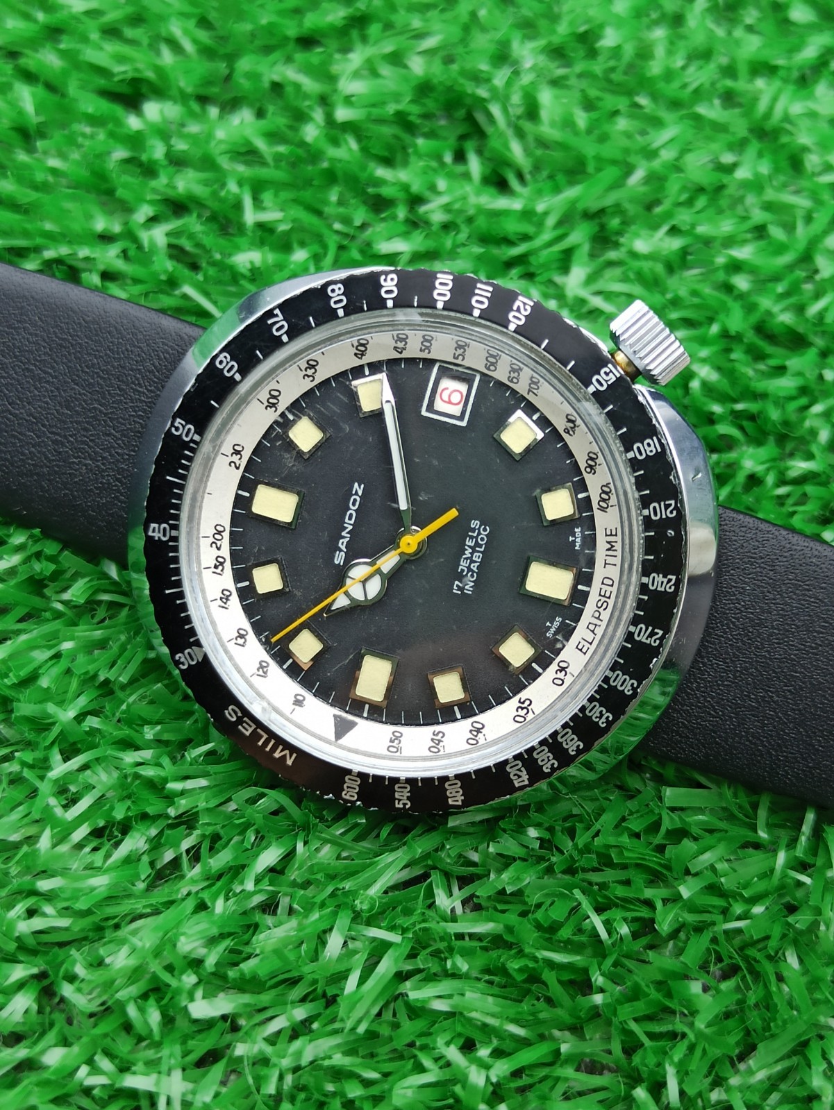 HYPER-RARE SANDOZ JUMBO DIVER BLACK WATCH MECHANICAL SWISS 1970s