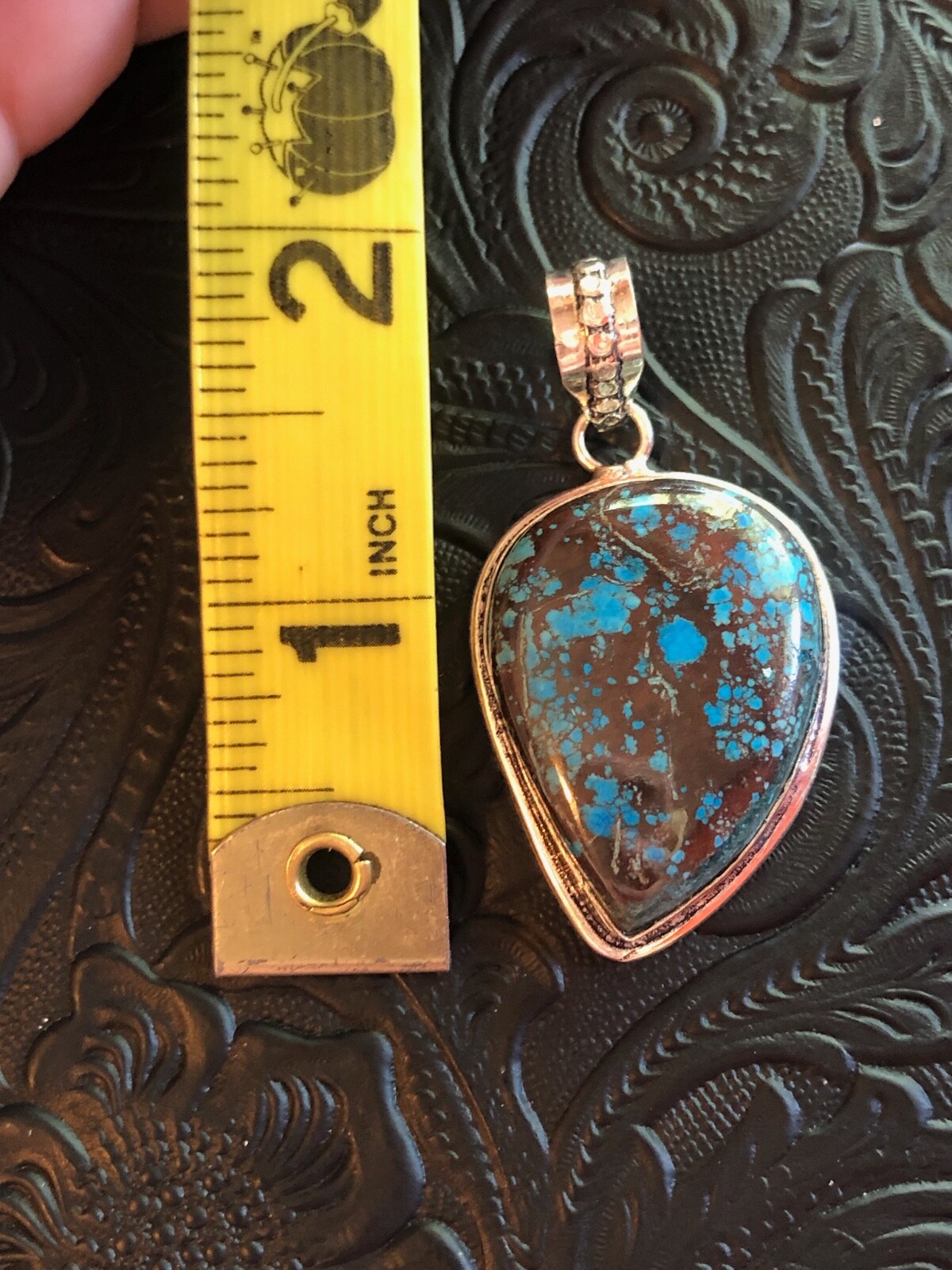 Blue Hubei Turquoise Claw Pendant Heavy Matrix Shadow Bezel 1.75″ Artisan Made