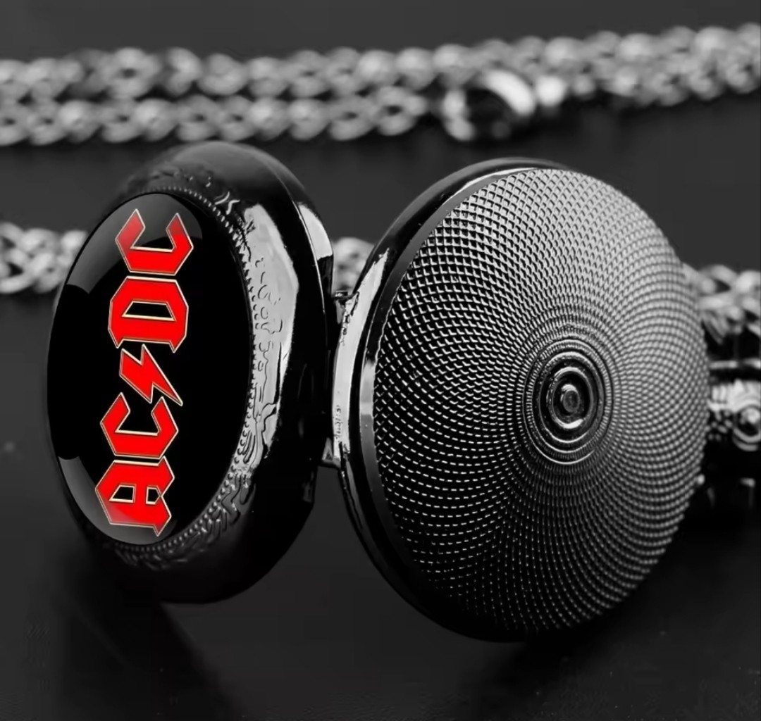 AC/DC Rock Band Pocket Watch – Black Stainless Steel Quartz Necklace with Chain