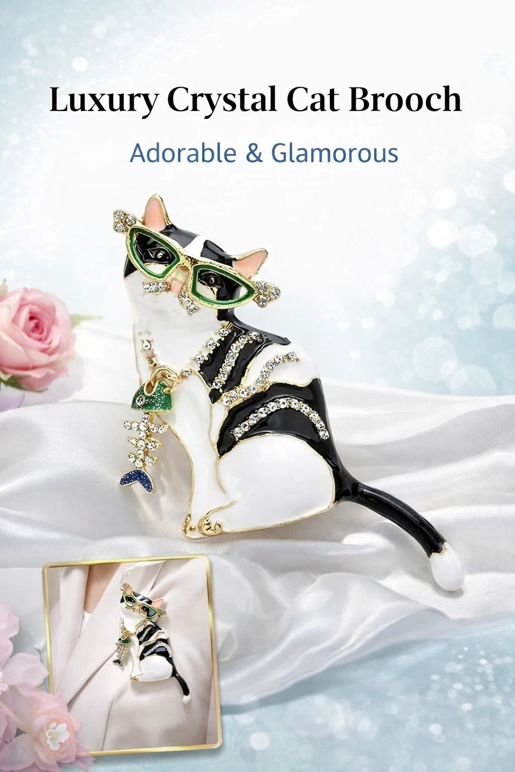 Elegant Cat Rhinestone Brooch Black White Enamel Green Glasses Fish Charm Pin